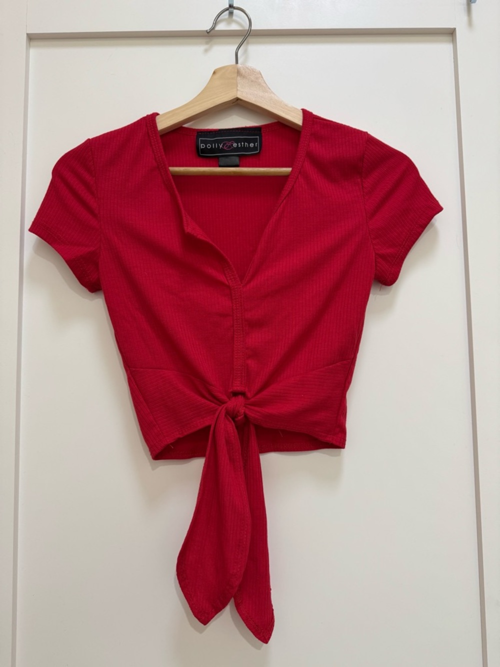 Dolly Esther Bright Red Ribbed Tie-Front Crop Top
